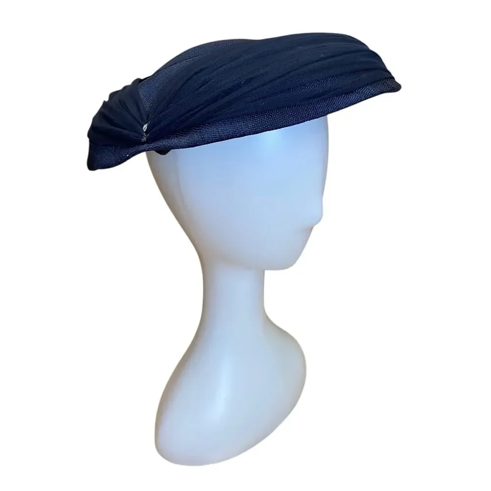 Vintage 1950s Navy Blue Saucer Hat Chiffon Rhinestone Tilt Hat - Picture 1 of 6